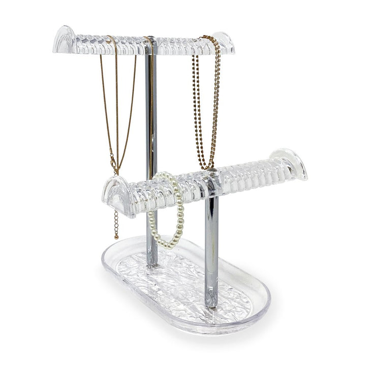 Isaac Jacobs 2-Tier Clear Acrylic Necklace &amp; Bracelet Holder (10.25” H &amp; 5.25” H), Double T-Bar Hanging Chain Organizer, Sleek &amp; Sturdy Jewelry Stand &amp; Tray for Rings, Bedroom, Bathroom