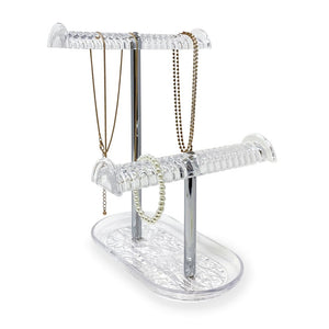 Isaac Jacobs 2-Tier Clear Acrylic Necklace & Bracelet Holder (10.25” H & 5.25” H), Double T-Bar Hanging Chain Organizer, Sleek & Sturdy Jewelry Stand & Tray for Rings, Bedroom, Bathroom