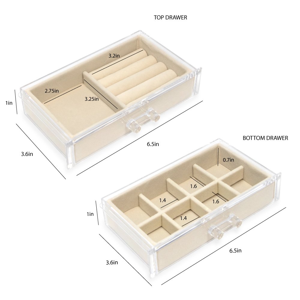 Isaac Jacobs Clear Acrylic 2-Drawer Jewelry Organizer (7.4” x 4.5” x 3.5”) w/ Velvet Lining, Stackable Storage Box For Rings, Necklaces, Bracelets, Earrings &amp; Watches, Tabletop Display Case