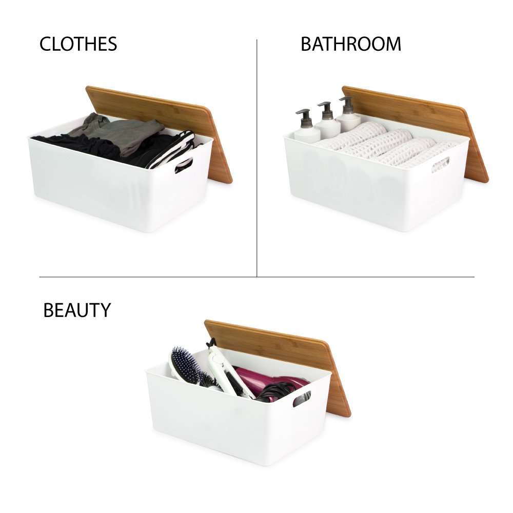 Isaac Jacobs 2-Pack Storage Bin Set w/ Cut-Out Handles and Bamboo Lid, Plastic Organizers for Home, Pantry, Kitchen, Closet, Office, Home Décor, BPA Free, Food Safe