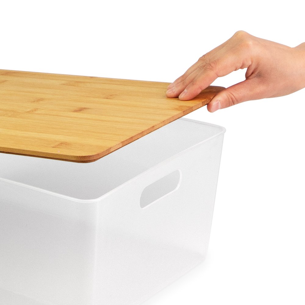 Isaac Jacobs 2-Pack Storage Bin Set w/ Cut-Out Handles and Bamboo Lid, Plastic Organizers for Home, Pantry, Kitchen, Closet, Office, Home Décor, BPA Free, Food Safe