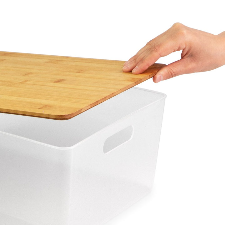 Isaac Jacobs 2-Pack Storage Bin Set w/ Cut-Out Handles and Bamboo Lid, Plastic Organizers for Home, Pantry, Kitchen, Closet, Office, Home Décor, BPA Free, Food Safe