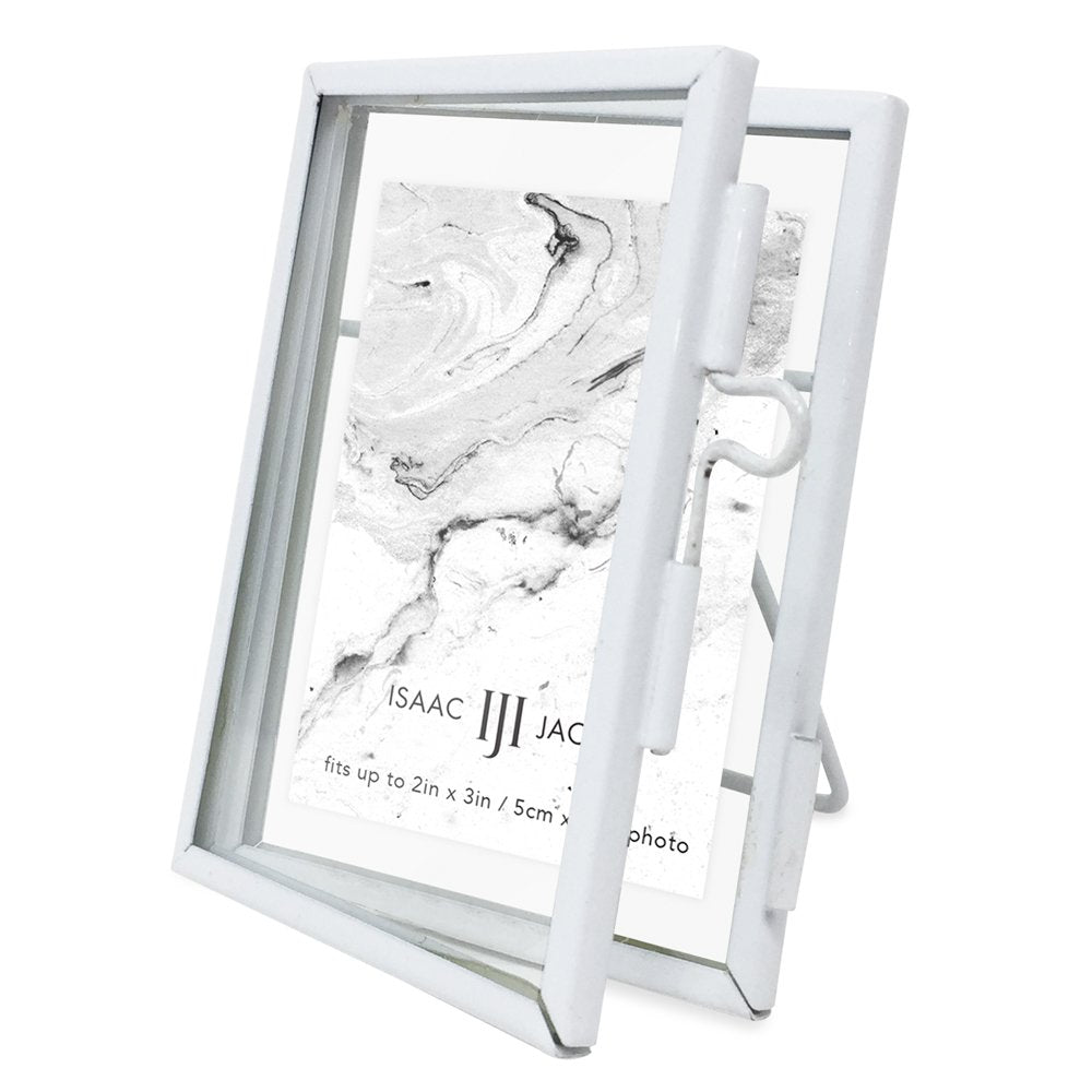 Isaac Jacobs Modern Style Brass and Glass, Pressed Glass, Metal Floating Desk Photo Frame with Locket Closure for Pictures, Art, Mementos &amp; Keepsakes