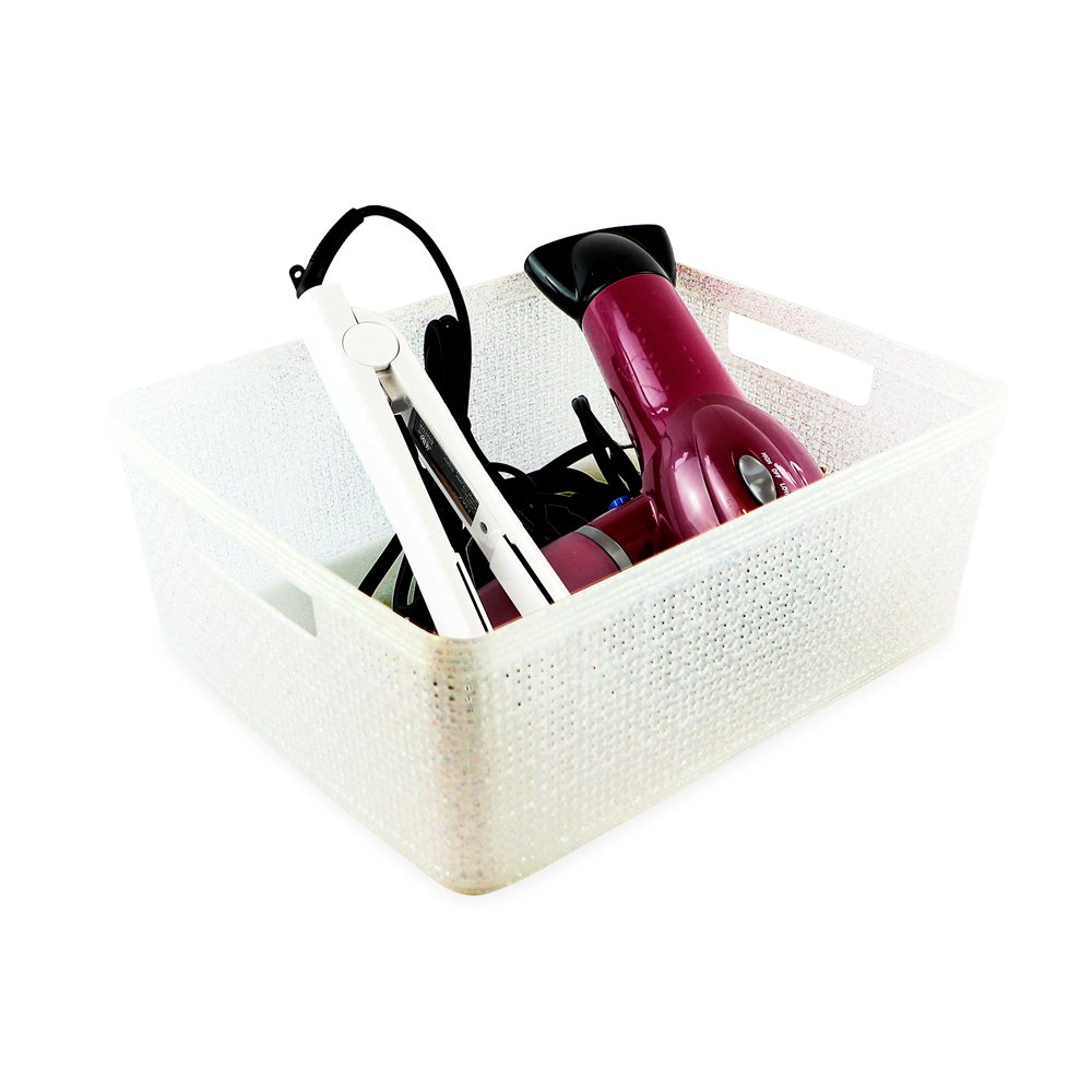 Isaac Jacobs Glitter Plastic Organizer Set w/Cut-Out Handles, Multi-Functional Home Storage, Desk, Office, Bathroom, Bedroom, Closet, Playroom