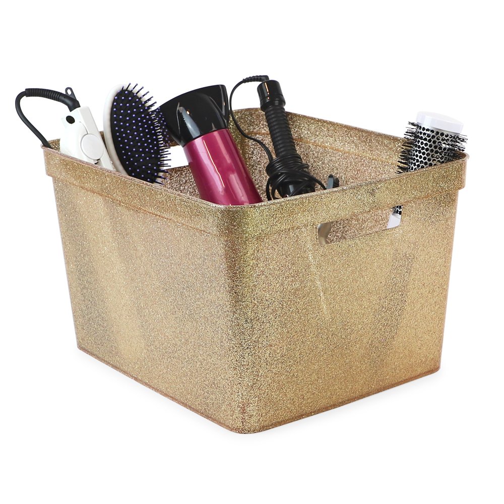Isaac Jacobs Large Glitter Storage Bin (14” x 11.5” x 8.75”) Set w/Cut-Out Handles, Plastic Organizer, Multi-Functional, Home Storage Solution, Kids Playroom, Bedroom, Closet
