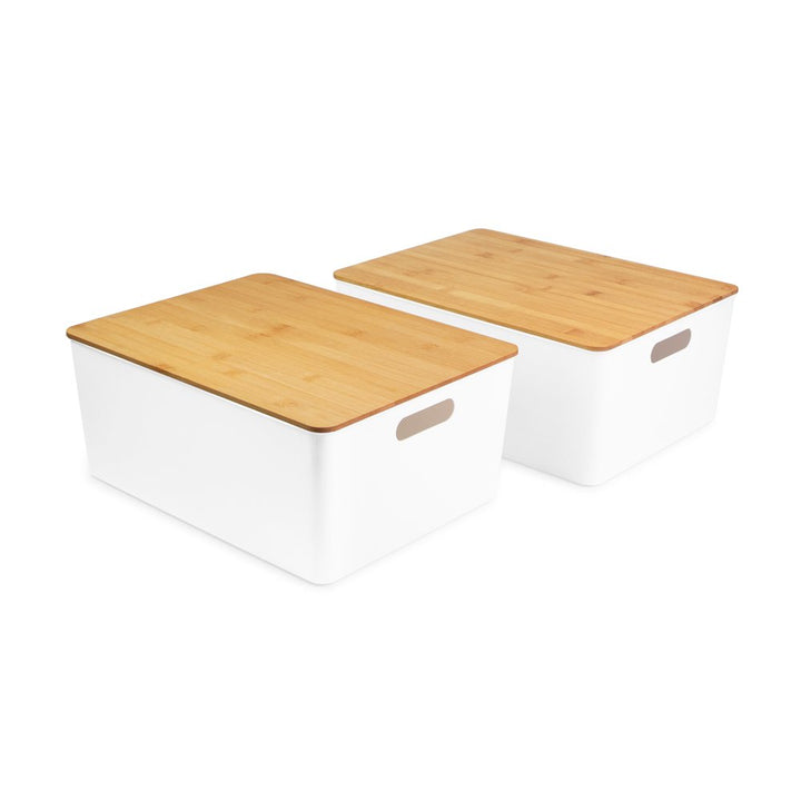 Isaac Jacobs 2-Pack Storage Bin Set w/ Cut-Out Handles and Bamboo Lid, Plastic Organizers for Home, Pantry, Kitchen, Closet, Office, Home Décor, BPA Free, Food Safe