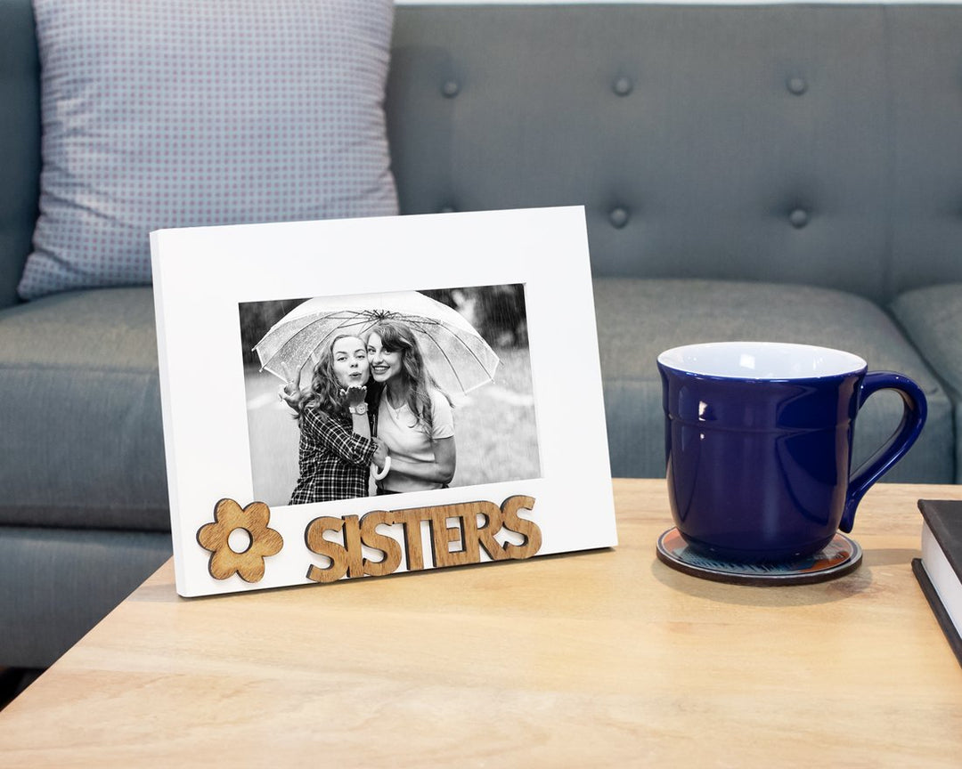 Isaac Jacobs White Wood Sentiments “Sisters” Picture Frame, 4x6 inch, Photo Gift for Family, Display on Tabletop, Desk