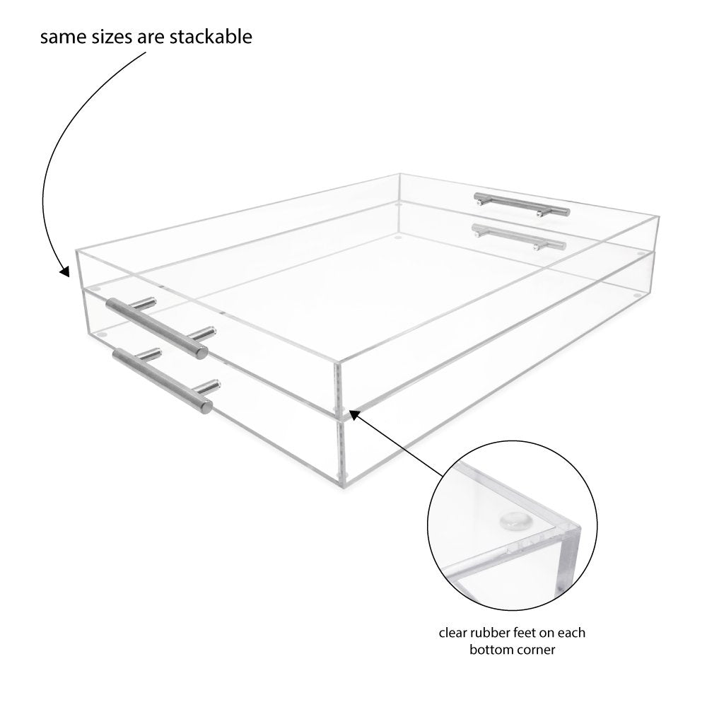 Isaac Jacobs Clear Acrylic Serving Tray with Metal Handles, Spill-Proof, Stackable Organizer, Space-Saver, Food &amp; Drinks Server, Indoors/Outdoors, Lucite Storage Décor &amp; More