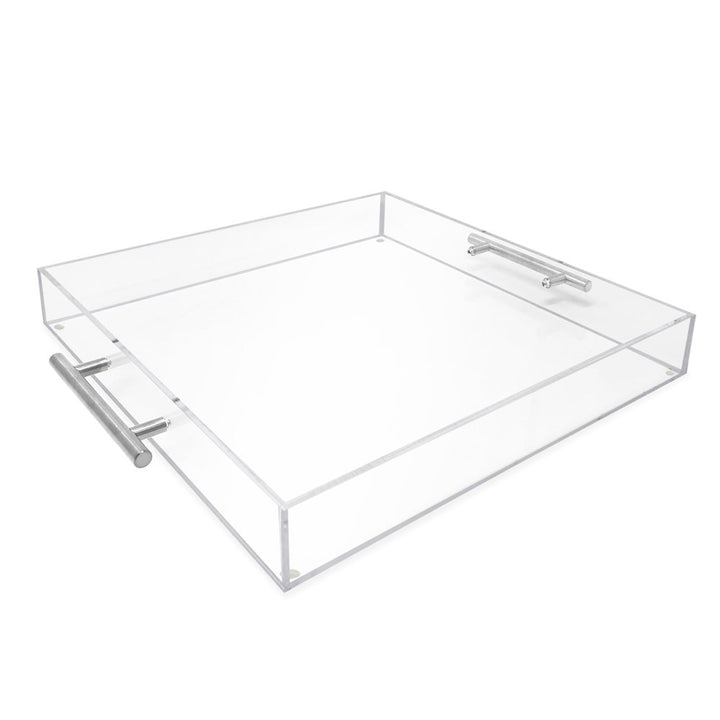 Isaac Jacobs Clear Acrylic Serving Tray with Metal Handles, Spill-Proof, Stackable Organizer, Space-Saver, Food &amp; Drinks Server, Indoors/Outdoors, Lucite Storage Décor &amp; More