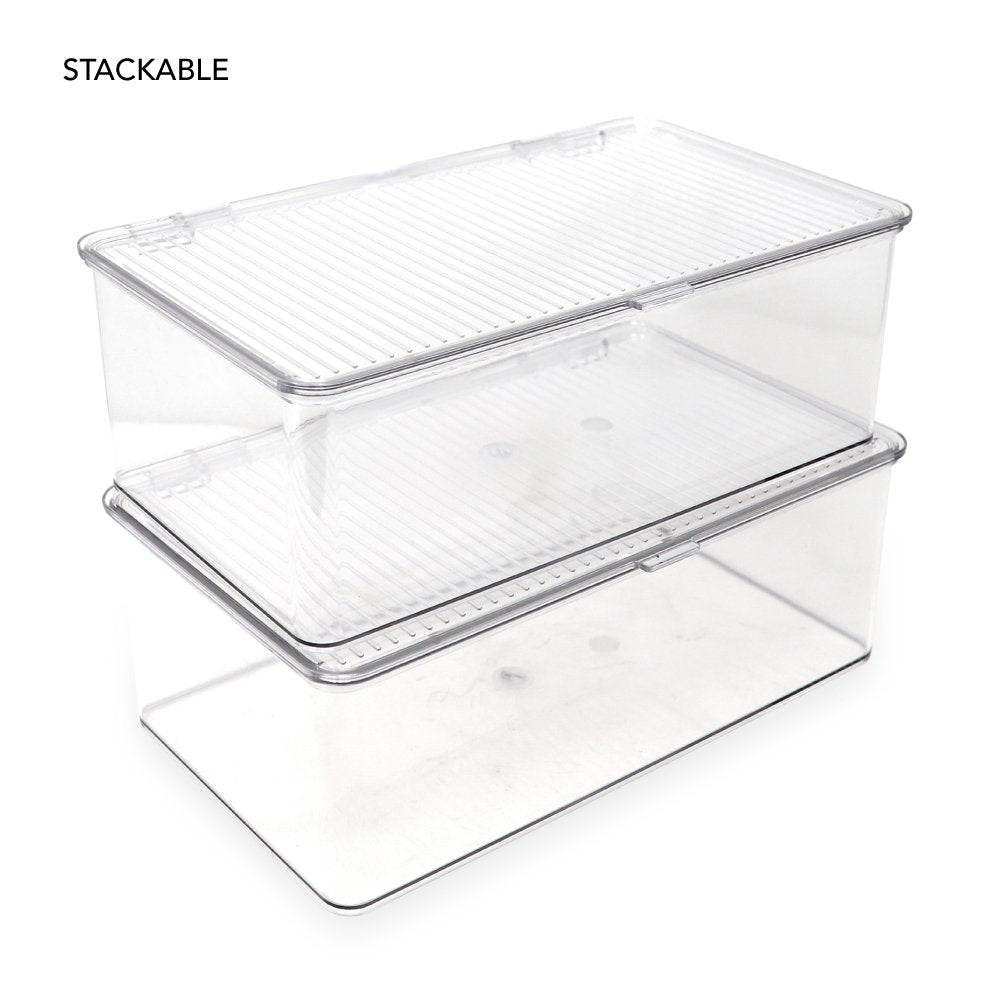 Isaac Jacobs Stackable Organizer Bin w/ Hinged Lid, Clear Storage Box, Home, Office, School, Fridge, Bathroom, Kitchen, Pantry Container, BPA-Free, Food Safe_