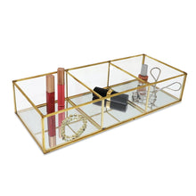 Isaac Jacobs 3-Compartment Vintage Style Brass and Glass Organizer (13” L x 5.1" W x 2.75" H), Multi-Sectional Tray & Storage Solution with Mirror Base, for Makeup & More, Bathroom, Kitchen, Office