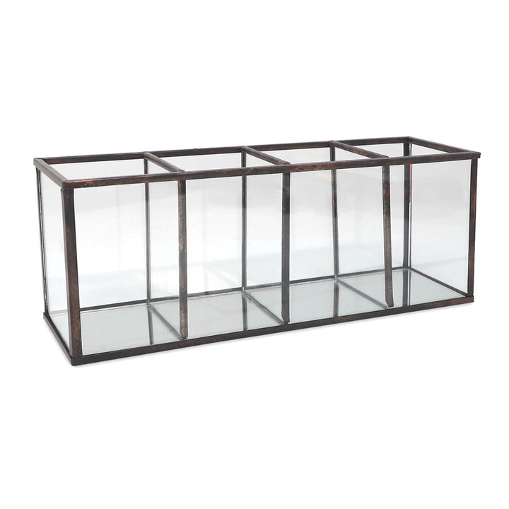 Isaac Jacobs 4-Compartment Organizer- Makeup Brush Holder- Vintage Style Brass and Glass Storage Solution with Mirror Base- Office, Bathroom, Kitchen Supplies and More