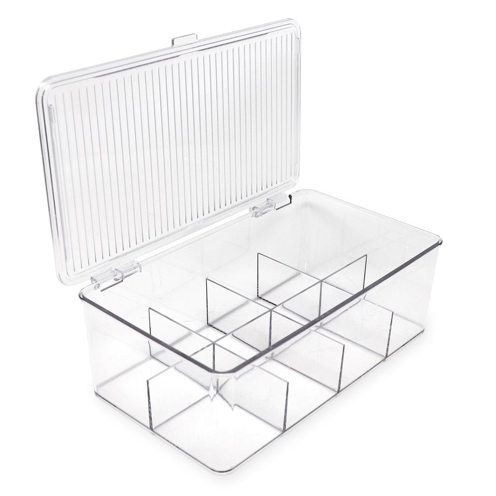 Isaac Jacobs Divided Clear Plastic Organizer (10.75” x 6.5” x 3.7”) w/  Hinged Lid, Stackable Storage Box for Tea Bags, Crafts, Office Supplies