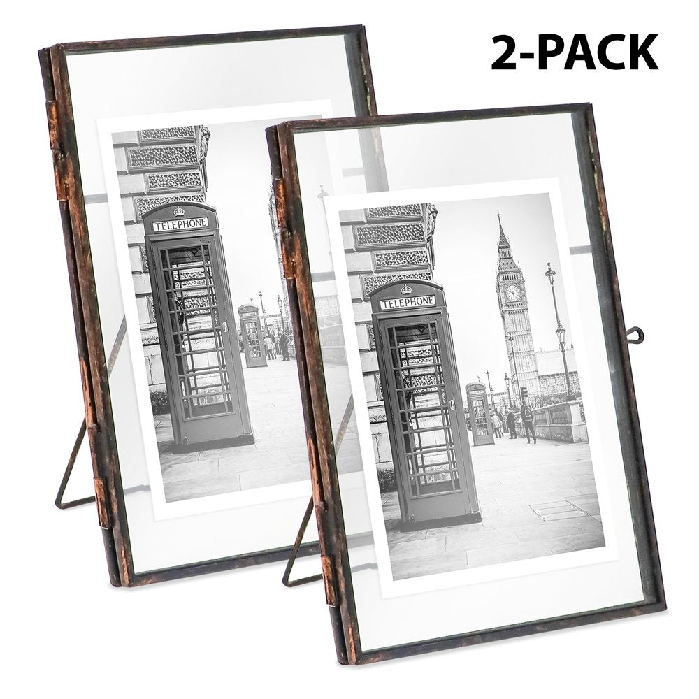 Isaac Jacobs (2-Pack) Vintage Style Brass and Glass, Metal Floating Picture Frame with Locket Closure, for Photos, Art, &amp; More, Tabletop Display