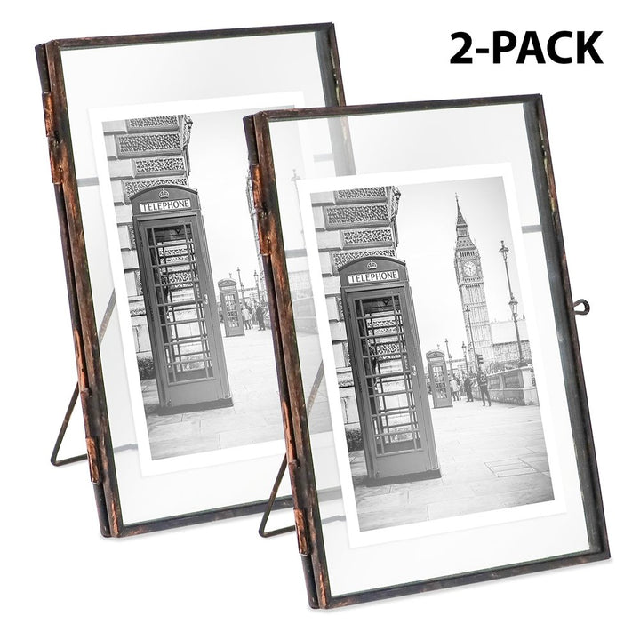 Isaac Jacobs (2-Pack) Vintage Style Brass and Glass, Metal Floating Picture Frame with Locket Closure, for Photos, Art, &amp; More, Tabletop Display