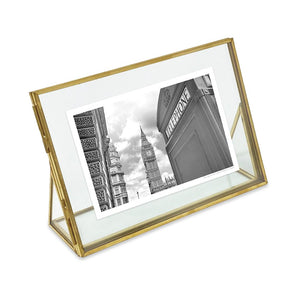 Isaac Jacobs Vintage Style Brass and Glass, Floating Photo Frame, Metal, with Locket Closure and Angled Base, for Pictures, Art, Mementos, Keepsakes