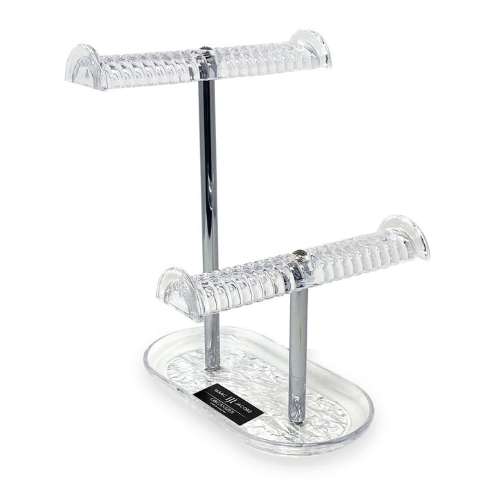 Isaac Jacobs 2-Tier Clear Acrylic Necklace &amp; Bracelet Holder (10.25” H &amp; 5.25” H), Double T-Bar Hanging Chain Organizer, Sleek &amp; Sturdy Jewelry Stand &amp; Tray for Rings, Bedroom, Bathroom