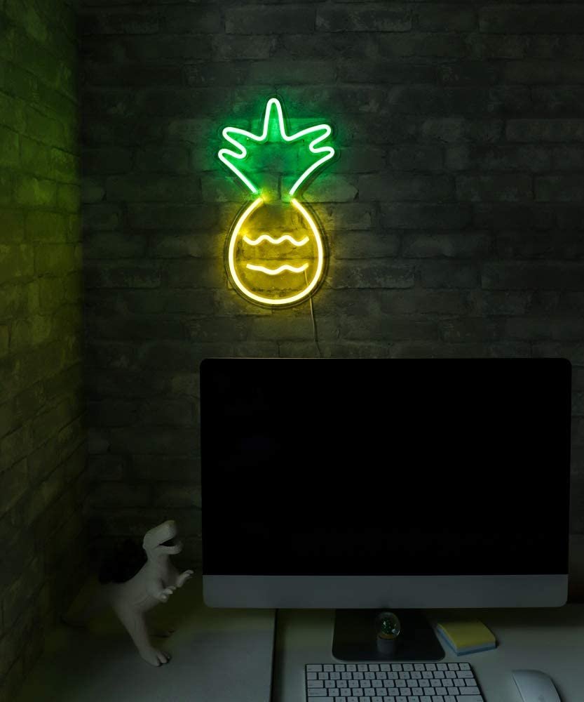 Isaac Jacobs 17” x 10” inch LED Neon ‘Yellow &amp; Green Pineapple’ Wall Sign for Cool Light, Wall Art, Bedroom Decorations, Home Accessories, Party, and Holiday Décor: Powered by USB Wire (Pineapple)