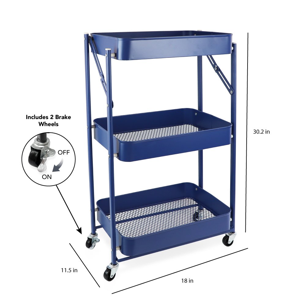 Isaac Jacobs 3-Tier Rolling Cart, Foldable Mobile Storage Organizer with Caster Wheels, Lightweight Multi-Purpose Metal Utility Cart for Office, Kitchen, Bathroom, Bedroom