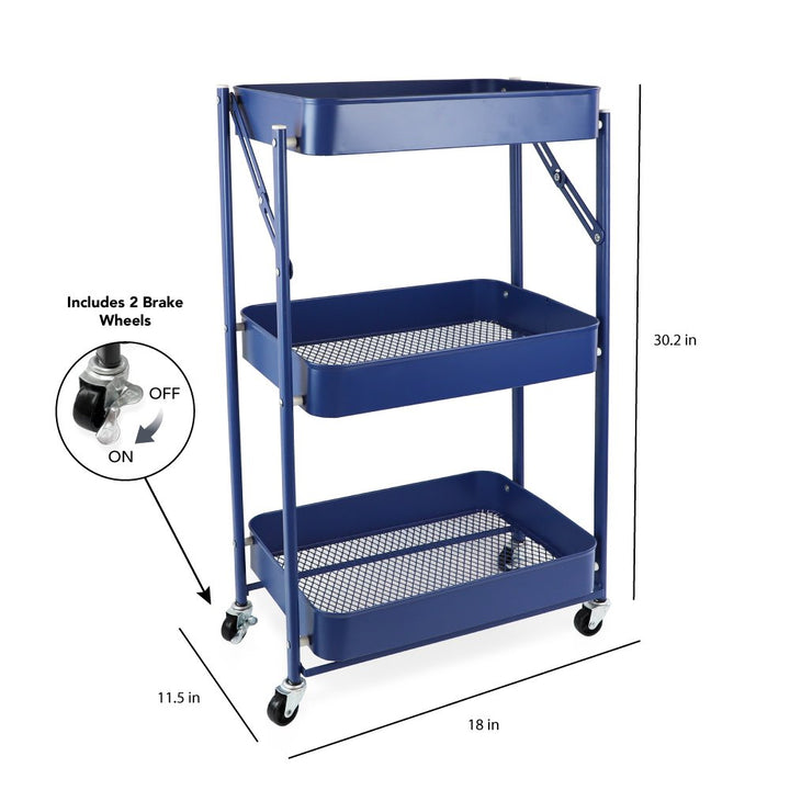 Isaac Jacobs 3-Tier Rolling Cart, Foldable Mobile Storage Organizer with Caster Wheels, Lightweight Multi-Purpose Metal Utility Cart for Office, Kitchen, Bathroom, Bedroom