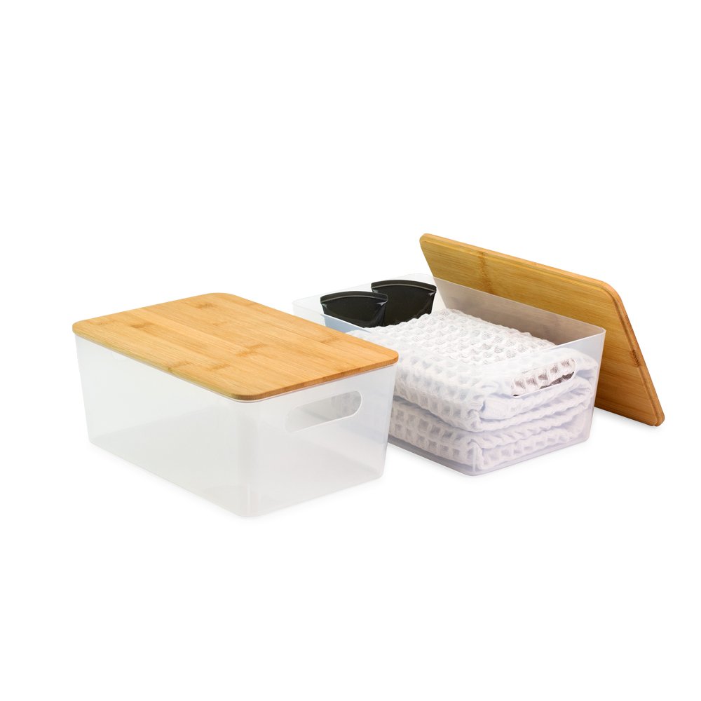 Isaac Jacobs 2-Pack Storage Bin Set w/ Cut-Out Handles and Bamboo Lid, Plastic Organizers for Home, Pantry, Kitchen, Closet, Office, Home Décor, BPA Free, Food Safe