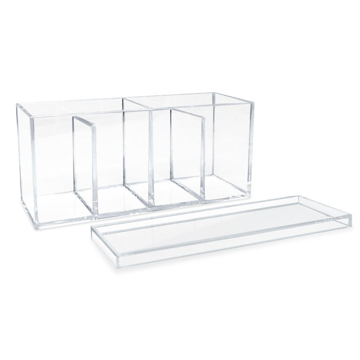 Isaac Jacobs 4-Compartment Clear Acrylic Organizer with Lid (9” L x 3” W x 4” H), Makeup Brush Holder, Sectional Tray, Storage Solution for Makeup, Crafts, Office Supplies &amp; More