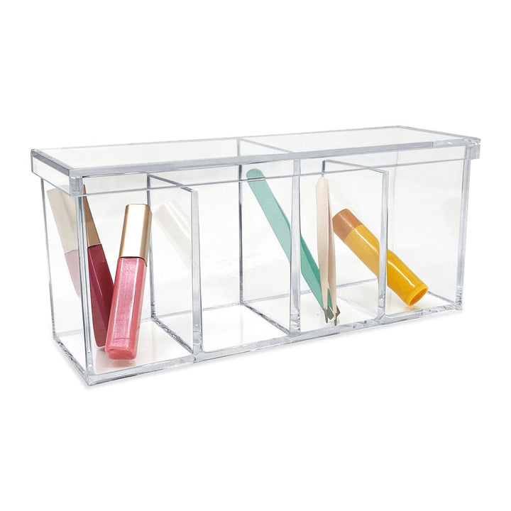 Isaac Jacobs 4-Compartment Clear Acrylic Organizer with Lid (9” L x 3” W x 4” H), Makeup Brush Holder, Sectional Tray, Storage Solution for Makeup, Crafts, Office Supplies &amp; More