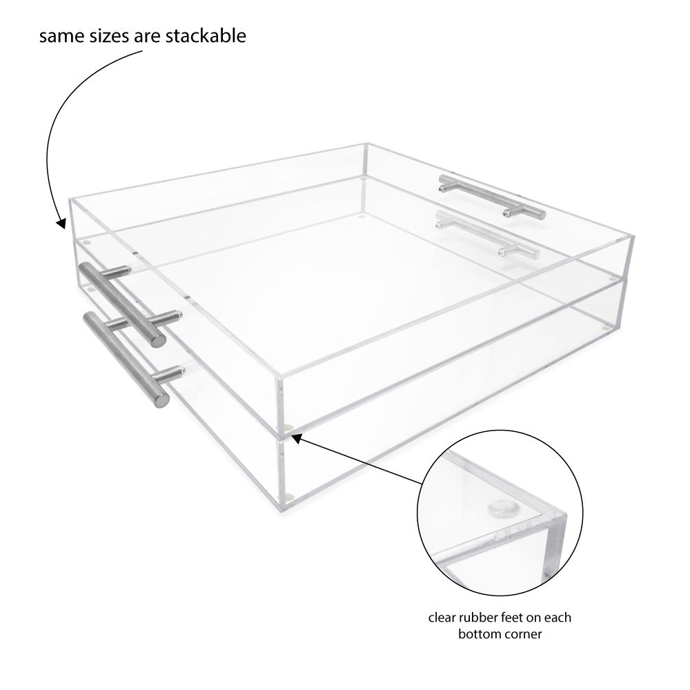 Isaac Jacobs Clear Acrylic Serving Tray with Metal Handles, Spill-Proof, Stackable Organizer, Space-Saver, Food &amp; Drinks Server, Indoors/Outdoors, Lucite Storage Décor &amp; More