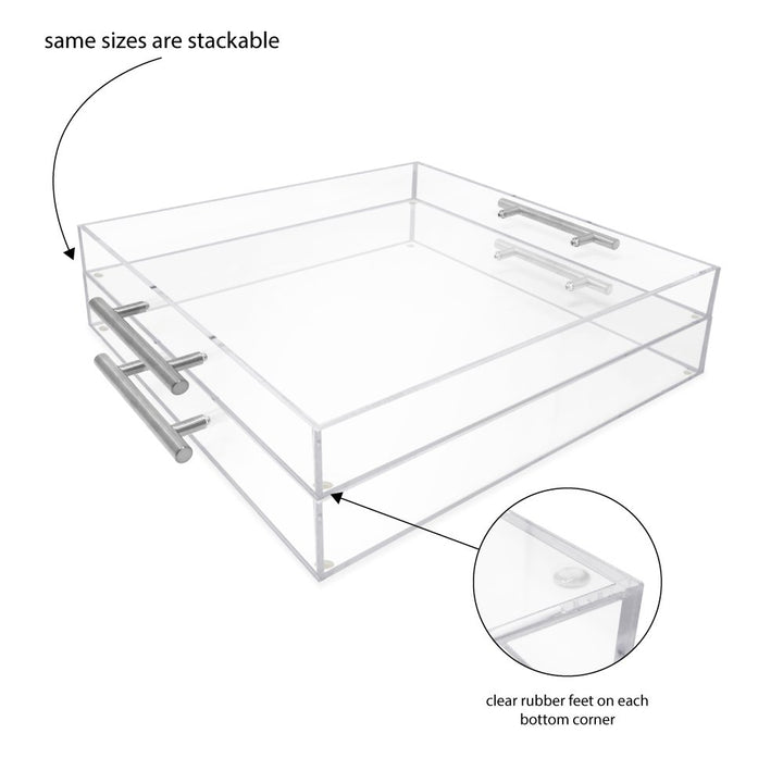 Isaac Jacobs Clear Acrylic Serving Tray with Metal Handles, Spill-Proof, Stackable Organizer, Space-Saver, Food &amp; Drinks Server, Indoors/Outdoors, Lucite Storage Décor &amp; More