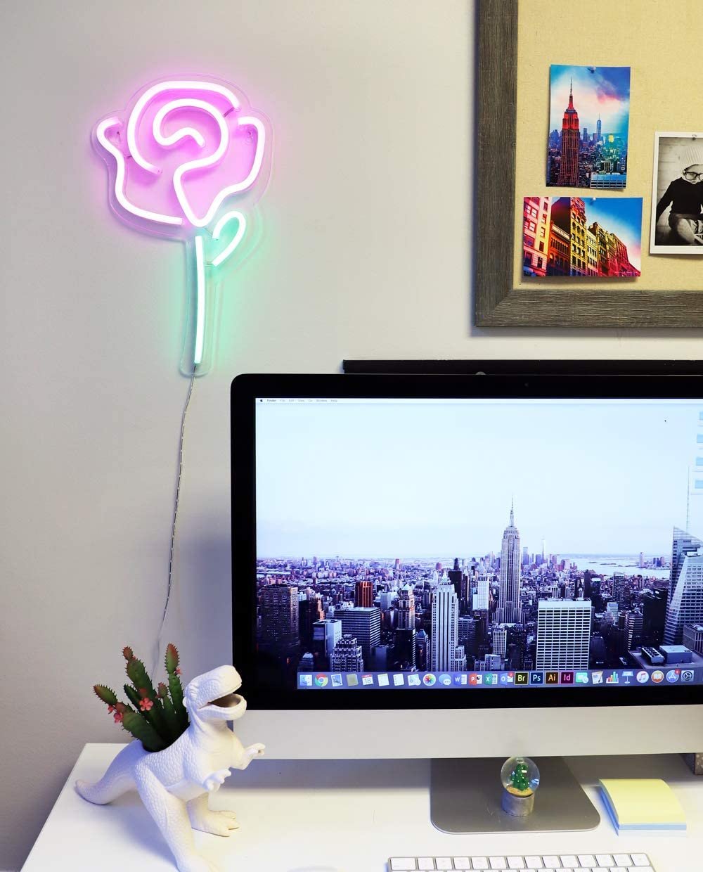 Isaac Jacobs 15" x 9" inch LED Neon Pink Rose Flower with Green Stem Wall Sign For Cool Light, Wall Art, Bedroom Decorations, Home Accessories, Party, and Holiday Decor: Powered by USB Wire (ROSE)