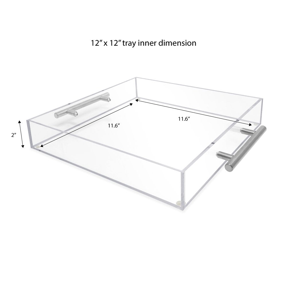 Isaac Jacobs Clear Acrylic Serving Tray with Metal Handles, Spill-Proof, Stackable Organizer, Space-Saver, Food &amp; Drinks Server, Indoors/Outdoors, Lucite Storage Décor &amp; More