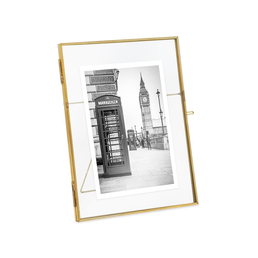 Isaac Jacobs Vintage Style Brass and Glass, Metal Floating Picture Frame with Locket Closure, for Photos, Art, &amp; More, Tabletop Display
