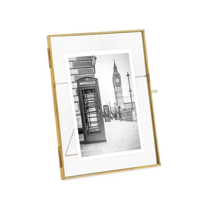 Isaac Jacobs Vintage Style Brass and Glass, Metal Floating Picture Frame with Locket Closure, for Photos, Art, &amp; More, Tabletop Display