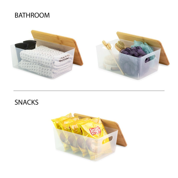 Isaac Jacobs 2-Pack Storage Bin Set w/ Cut-Out Handles and Bamboo Lid, Plastic Organizers for Home, Pantry, Kitchen, Closet, Office, Home Décor, BPA Free, Food Safe