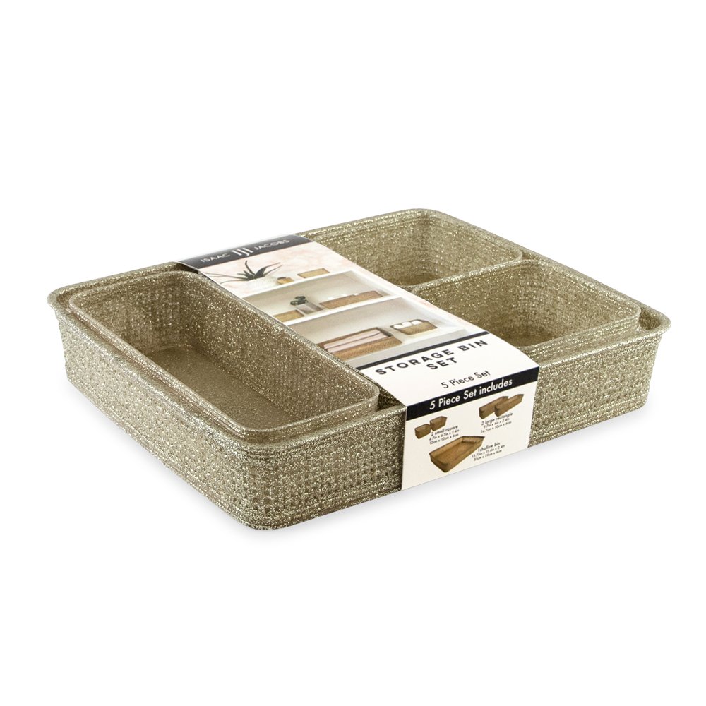 Isaac Jacobs Glitter Plastic Organizer Set w/Cut-Out Handles, Multi-Functional Home Storage, Desk, Office, Bathroom, Bedroom, Closet, Playroom