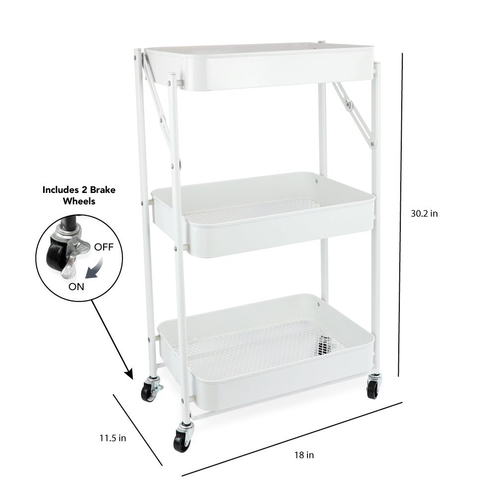 Isaac Jacobs 3-Tier Rolling Cart, Foldable Mobile Storage Organizer with Caster Wheels, Lightweight Multi-Purpose Metal Utility Cart for Office, Kitchen, Bathroom, Bedroom