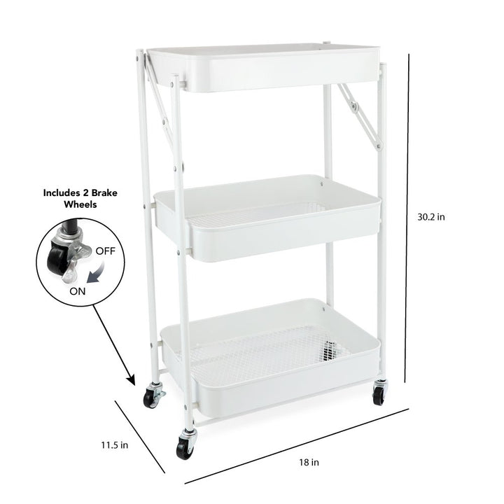 Isaac Jacobs 3-Tier Rolling Cart, Foldable Mobile Storage Organizer with Caster Wheels, Lightweight Multi-Purpose Metal Utility Cart for Office, Kitchen, Bathroom, Bedroom