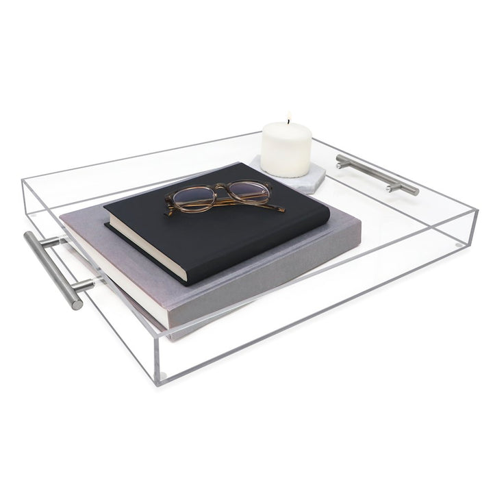 Isaac Jacobs Clear Acrylic Serving Tray with Metal Handles, Spill-Proof, Stackable Organizer, Space-Saver, Food &amp; Drinks Server, Indoors/Outdoors, Lucite Storage Décor &amp; More