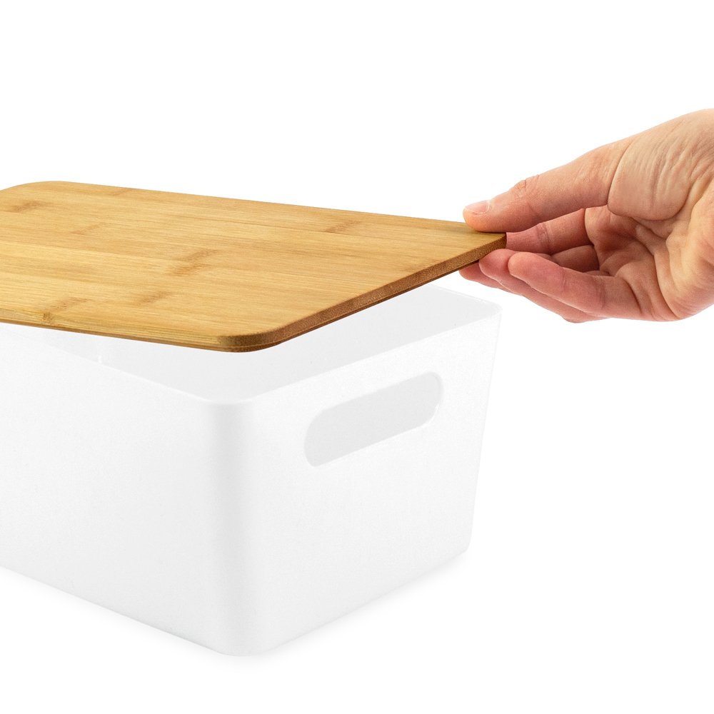 Isaac Jacobs 2-Pack Storage Bin Set w/ Cut-Out Handles and Bamboo Lid, Plastic Organizers for Home, Pantry, Kitchen, Closet, Office, Home Décor, BPA Free, Food Safe