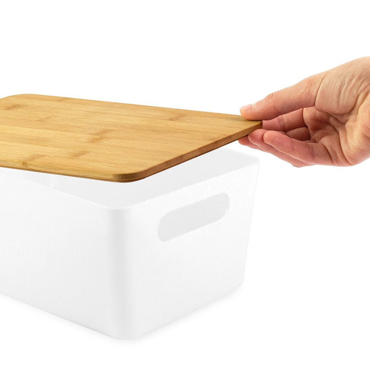 Isaac Jacobs 2-Pack Storage Bin Set w/ Cut-Out Handles and Bamboo Lid, Plastic Organizers for Home, Pantry, Kitchen, Closet, Office, Home Décor, BPA Free, Food Safe