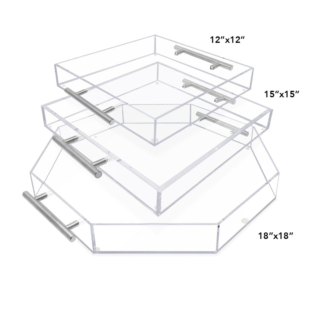 Isaac Jacobs Clear Acrylic Serving Tray with Metal Handles, Spill-Proof, Stackable Organizer, Space-Saver, Food &amp; Drinks Server, Indoors/Outdoors, Lucite Storage Décor &amp; More