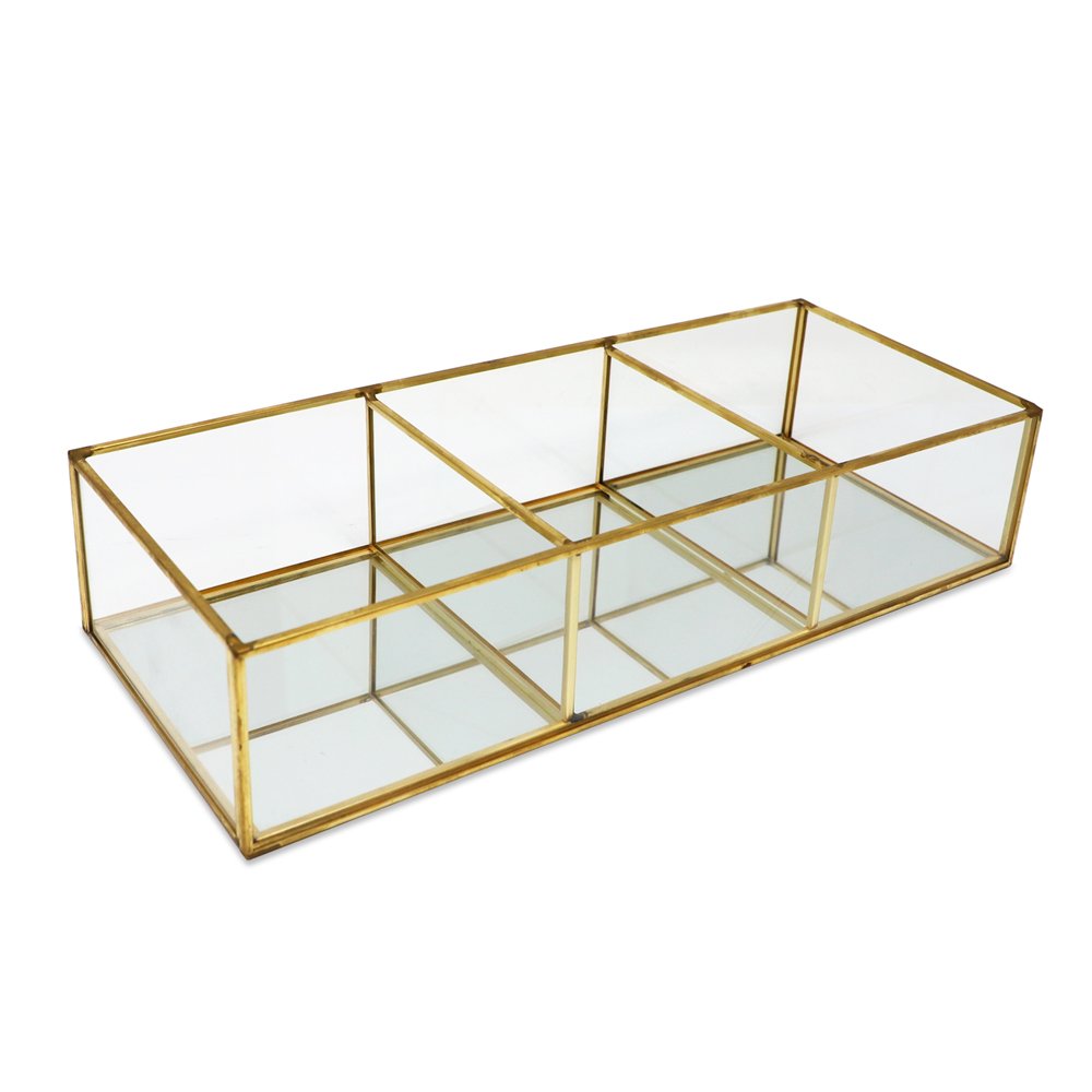 Isaac Jacobs 3-Compartment Vintage Style Brass and Glass Organizer (13” L x 5.1