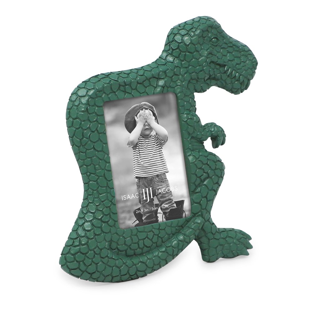 Isaac Jacobs 2” x 3" Resin Dinosaur Picture Frame, Vertical Keepsake Photo Frame with Easel and Hanging Tabs for Tabletop, Desktop &amp; Wall Display