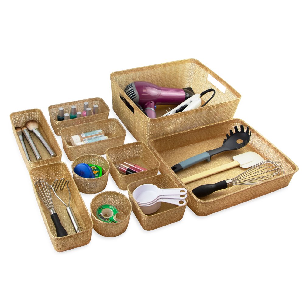 Isaac Jacobs Glitter Plastic Organizer Set w/Cut-Out Handles, Multi-Functional Home Storage, Desk, Office, Bathroom, Bedroom, Closet, Playroom