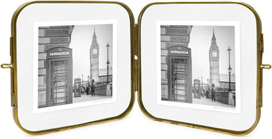 Isaac Jacobs Vintage Style, Double-Sided Round-Edged Brass & Glass Metal Floating Picture Frame with Locket Closure (Vertical), Made for Tabletop Display