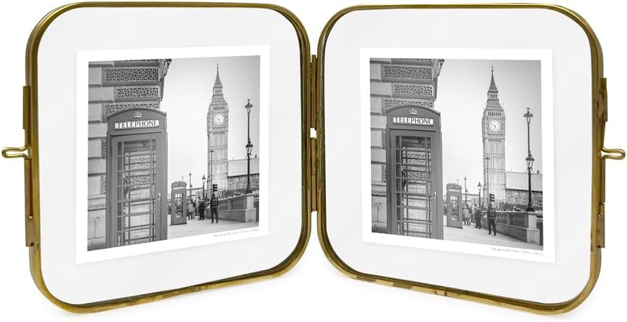Isaac Jacobs Vintage Style, Double-Sided Round-Edged Brass &amp; Glass Metal Floating Picture Frame with Locket Closure (Vertical), Made for Tabletop Display_