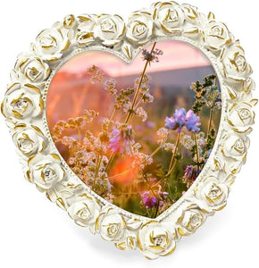 Isaac Jacobs 5x5 White with Gold Heart Shaped Rose Border Resin Frame, Photo Tabletop & Wall Display Hanging Display & Home Décor