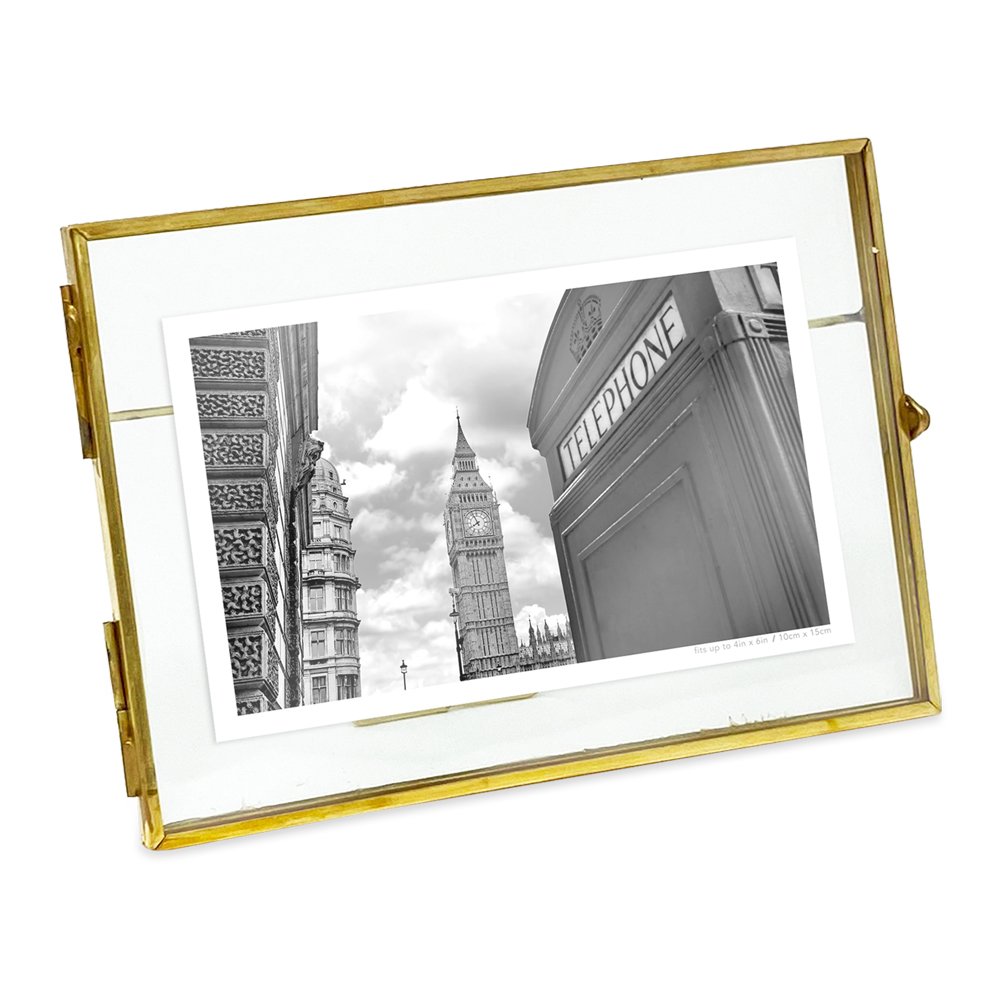 Isaac Jacobs Vintage Style Brass and Glass, Metal Floating Desk Photo Frame with Locket Bead Clasp Closure for Pictures Art, More