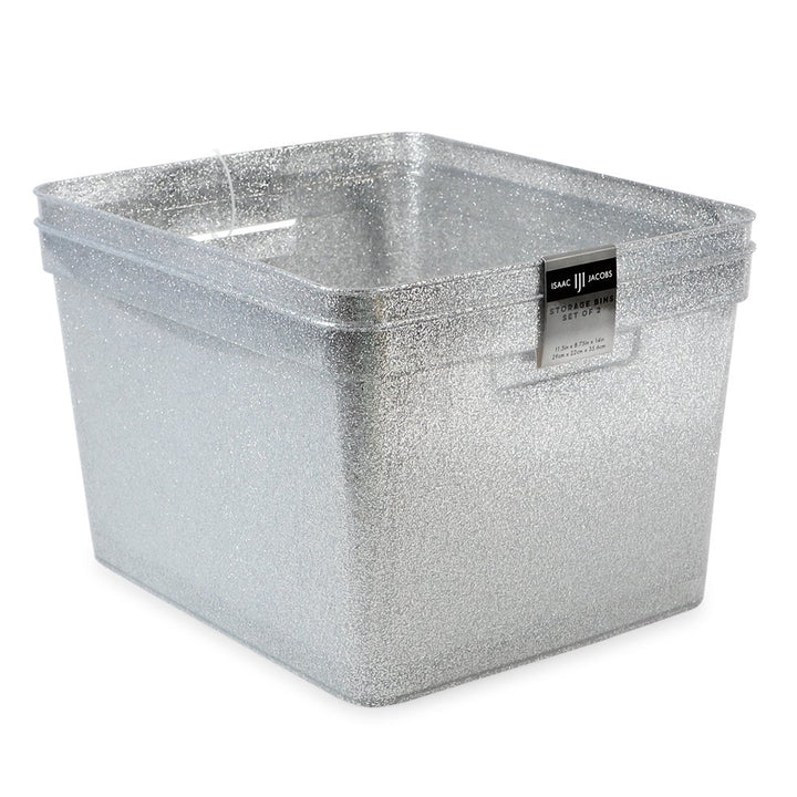 Isaac Jacobs Large Glitter Storage Bin (14” x 11.5” x 8.75”) Set w/Cut-Out Handles, Plastic Organizer, Multi-Functional, Home Storage Solution, Kids Playroom, Bedroom, Closet