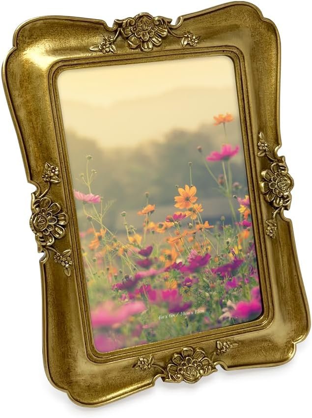 Isaac Jacobs Vintage-Inspired Simple Ornate Picture Frame, Horizontal &amp; Vertical for Tabletop and Wall Display, Home Décor, Floral, Resin Frame